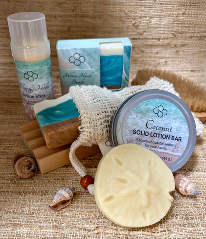 Collection of coastal-inspired products handmade by Cottonwood Soap Company in Hilton Head Island, SC
