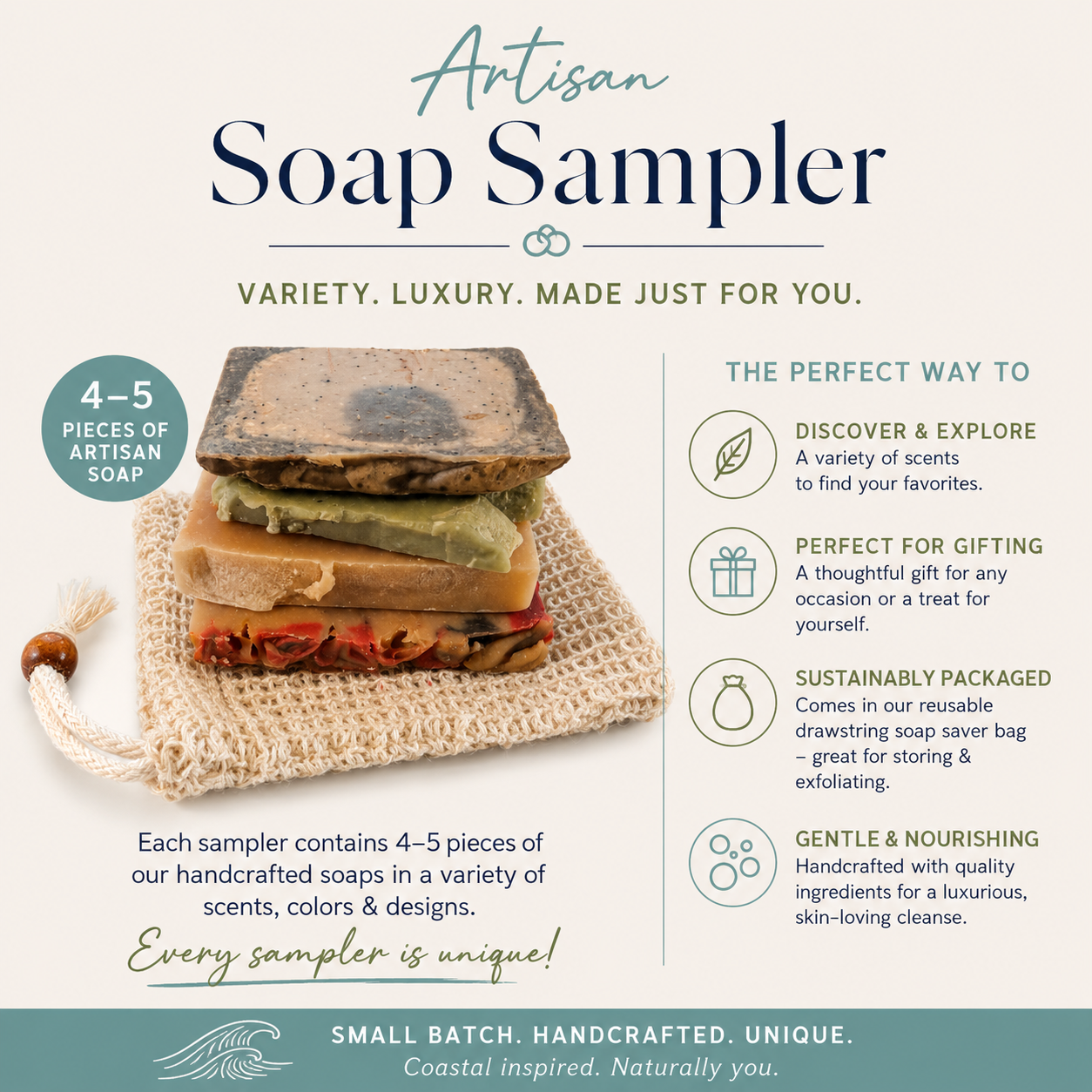 Artisan Soap Sampler, containing 4-5 pieces of soap in drawstring soap bag | Cottonwood Soap Company, Hilton Head Island, SC