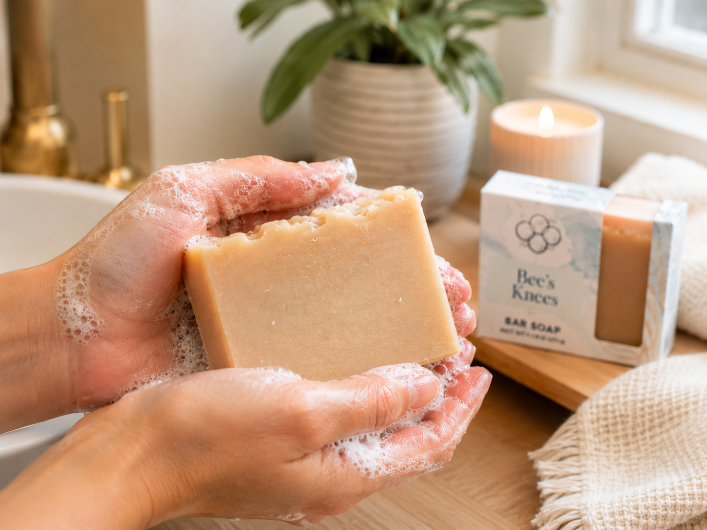 Bee’s Knees- oatmeal, milk and honey scented handmade soap by Cottonwood Soap Company.