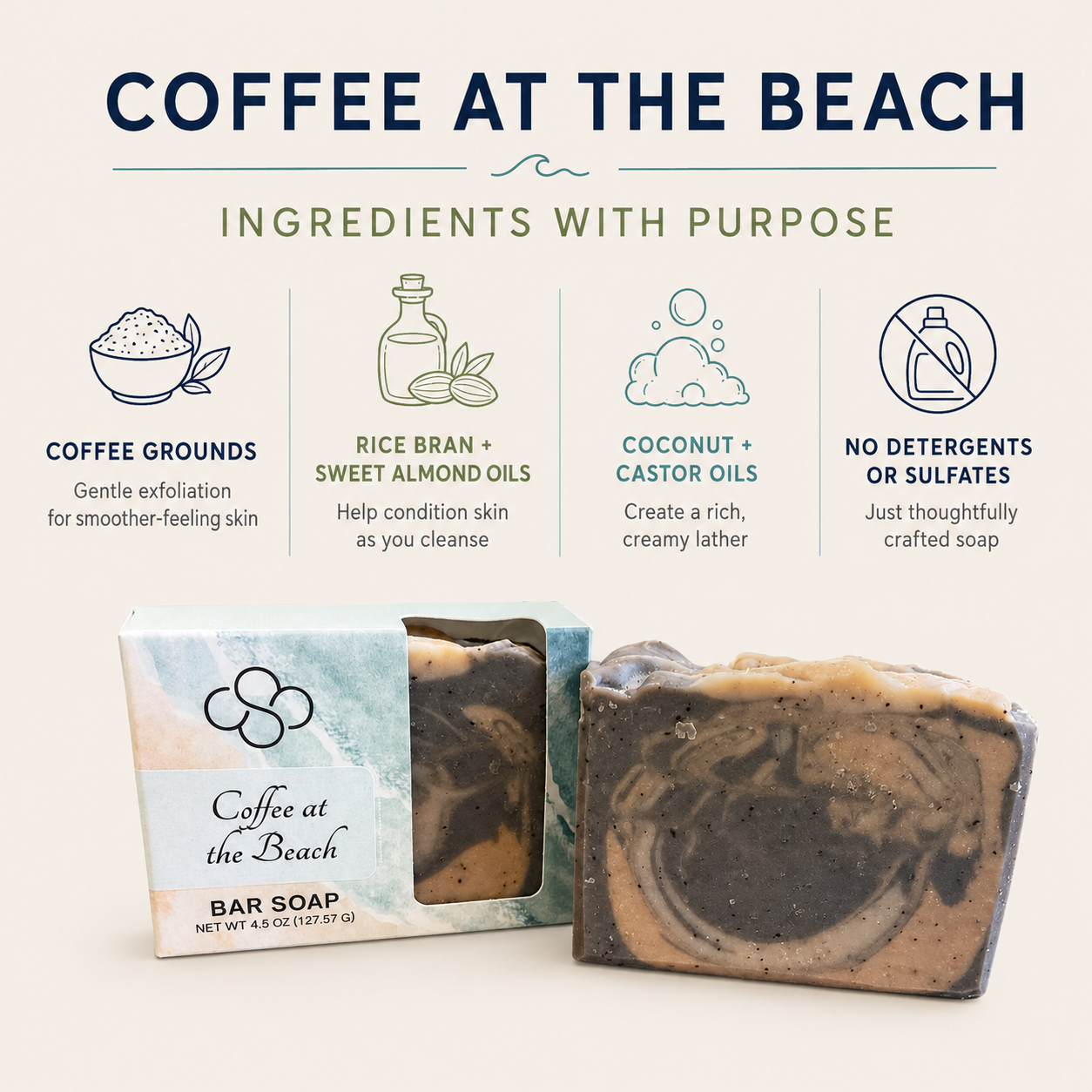 Coffee at the Beach, coffee and mocha scented exfoliating bar soap, handmade by Cottonwood Soap, Hilton Head Island, SC