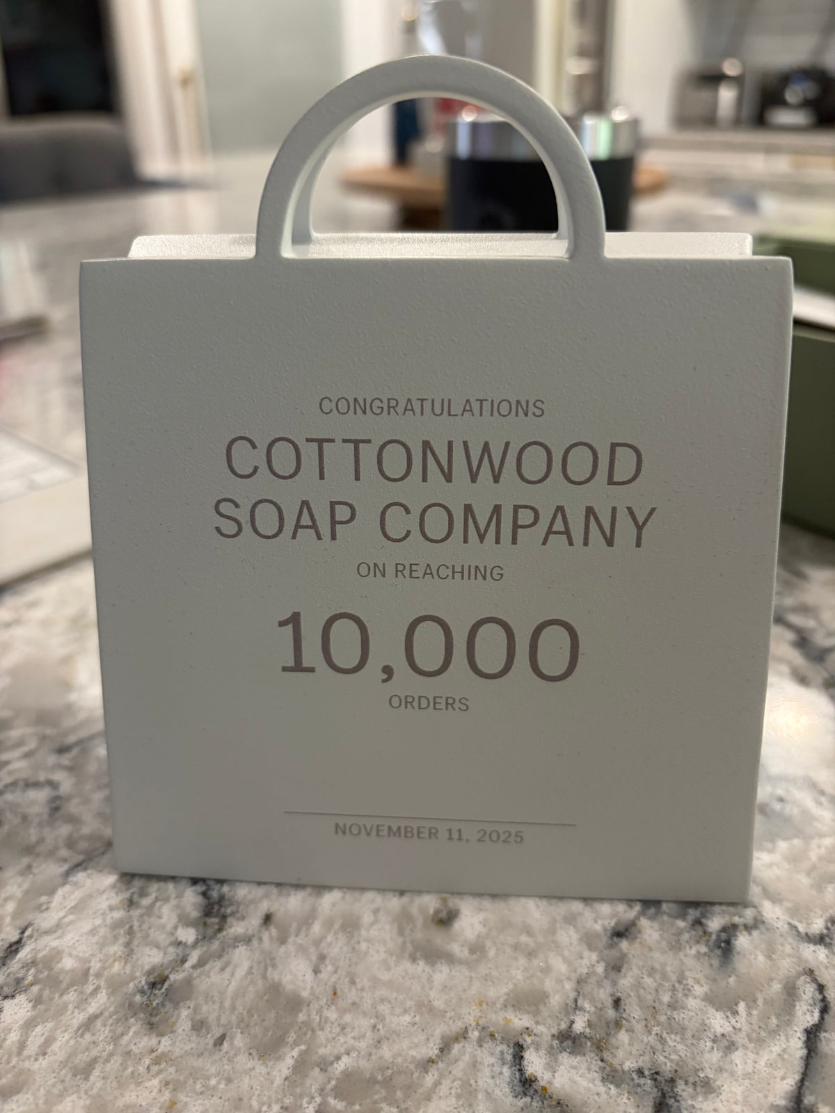 Cottonwood Soap Company commemorative gift celebrating 10,000 customer orders, marking a milestone for the handmade soap business based on Hilton Head Island, South Carolina