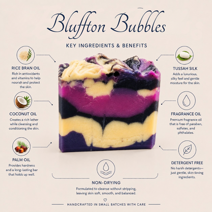 Bluffton Bubbles- black raspberry and vanilla scented handmade soap by Cottonwood Soap Company, Hilton Head Island, SC