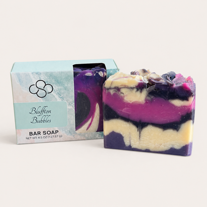 Bluffton Bubbles- black raspberry and vanilla scented handmade soap by Cottonwood Soap Company, Hilton Head Island, SC