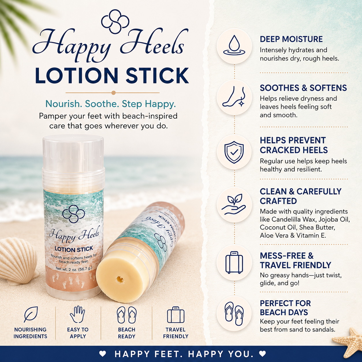 Happy Heels Lotion Stick | Coconut Scented Solid Lotion Balm handmade by Cottonwood Soap Company, Hilton Head Island, SC