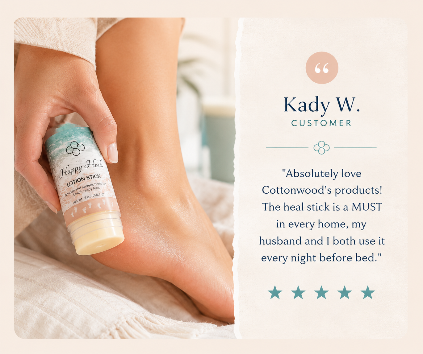 Happy Heels Lotion Stick | Coconut Scented Solid Lotion Balm handmade by Cottonwood Soap Company, Hilton Head Island, SC