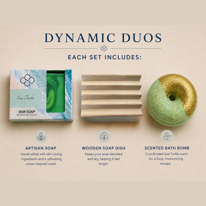 Dynamic Duos, Lavender Lagoon, Lavender Lemonade, Sweet Daufuski, and Sea Turtle Combos handmade by Cottonwood Soap Company, Hilton Head Island, SC