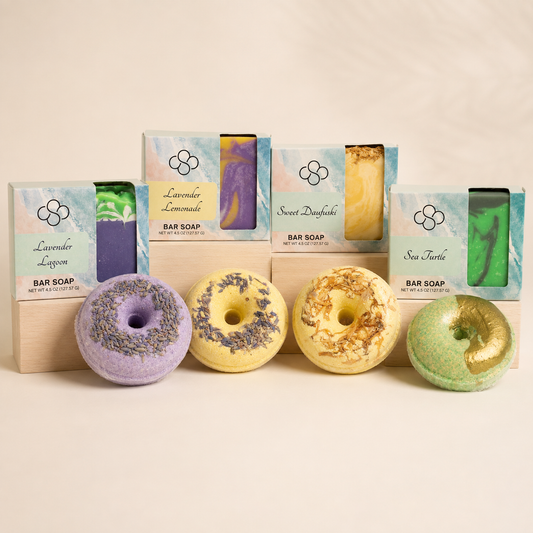Dynamic Duos, Lavender Lagoon, Lavender Lemonade, Sweet Daufuski, and Sea Turtle Combos handmade by Cottonwood Soap Company, Hilton Head Island, SC