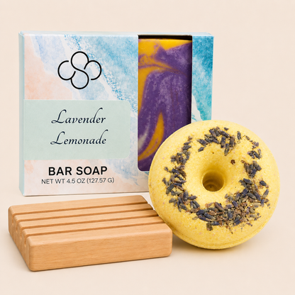 Dynamic Duos,  Lavender Lemonade, lemon lavender scented artisan soap and bath bomb handmade by Cottonwood Soap Company, Hilton Head Island, SC