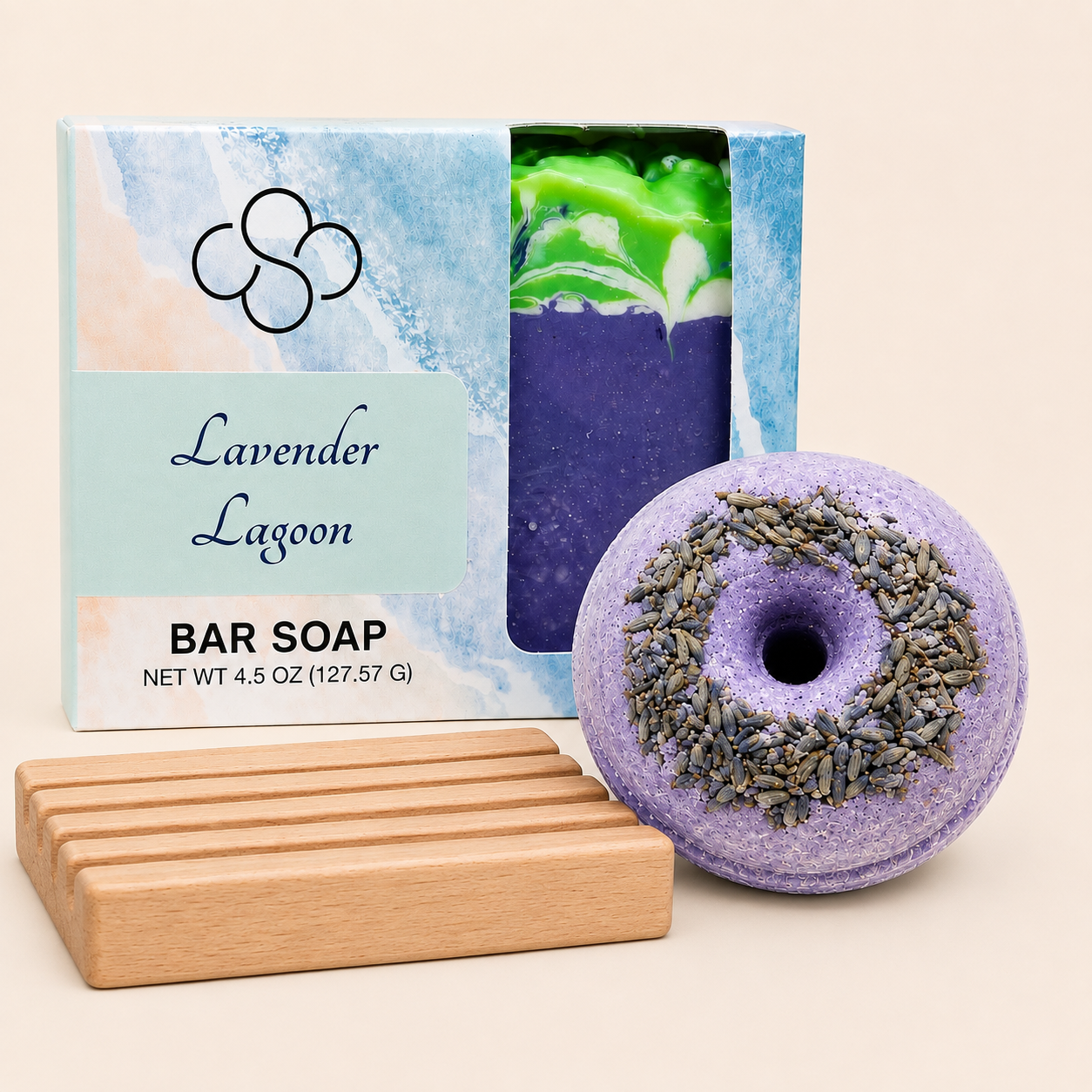 Dynamic Duos, Lavender Lagoon, lavender scented soap and bath bomb handmade by Cottonwood Soap Company, Hilton Head Island, SC