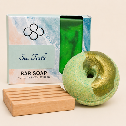 Dynamic Duos,  Sea Turtle, cucumber, basil & mint scented artisan soap and bath bomb  handmade by Cottonwood Soap Company, Hilton Head Island, SC