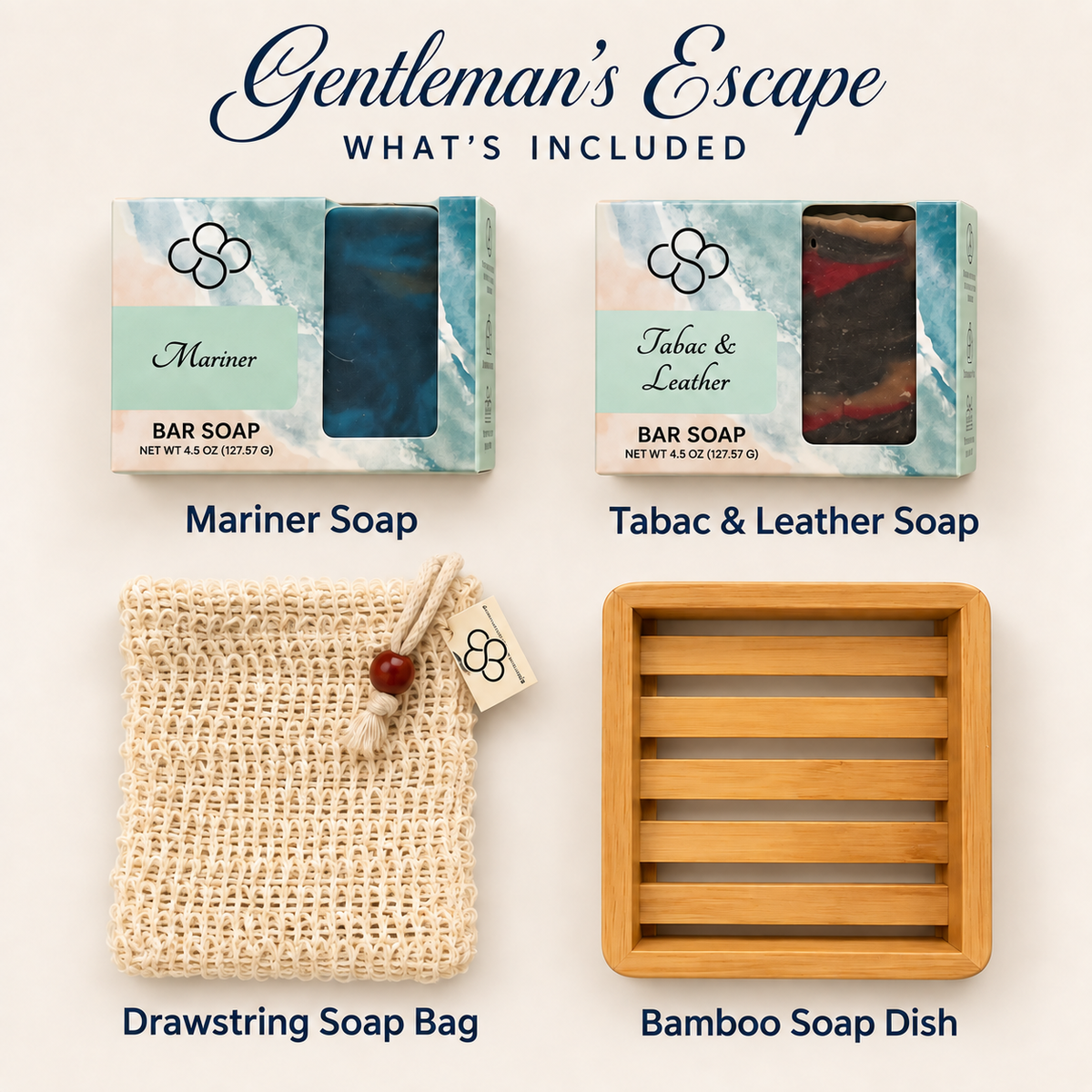 Gentleman's Escape Gift Set, artisan soaps, drawstring soap bag, and bamboo soap dish, created by Cottonwood Soap Company, Hilton Head Island, SC