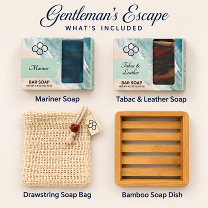 Gentleman's Escape Gift Set, artisan soaps, drawstring soap bag, and bamboo soap dish, created by Cottonwood Soap Company, Hilton Head Island, SC