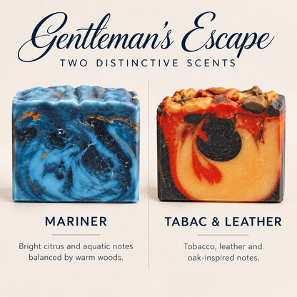 Gentleman's Escape Gift Set, artisan soaps, drawstring soap bag, and bamboo soap dish, created by Cottonwood Soap Company, Hilton Head Island, SC