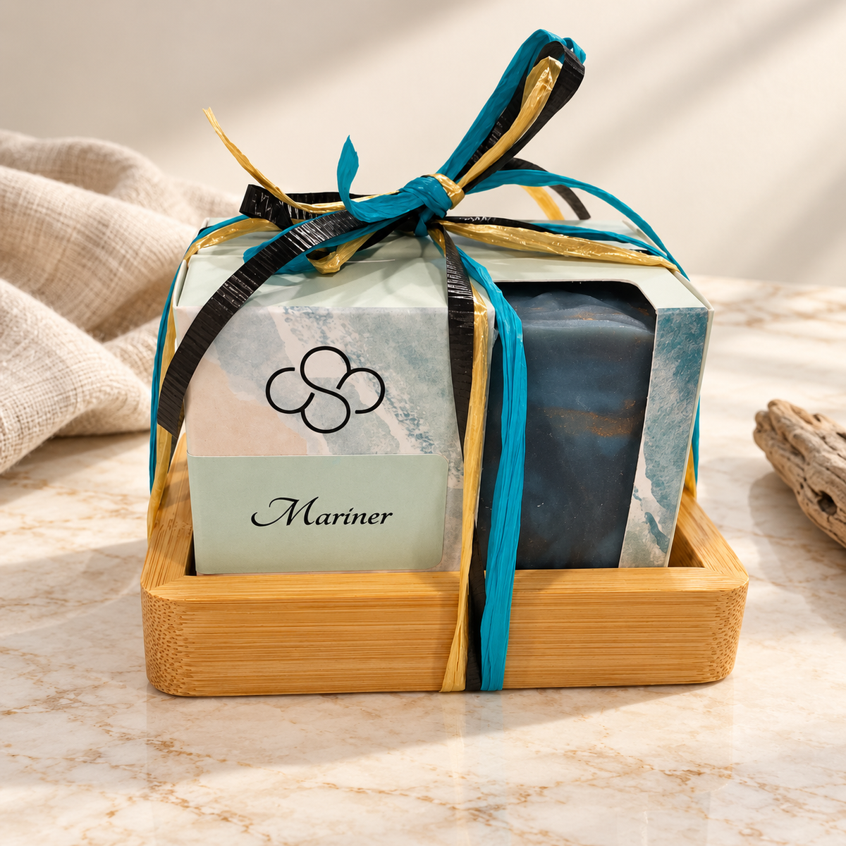 Gentleman's Escape Gift Set, artisan soaps, drawstring soap bag, and bamboo soap dish, created by Cottonwood Soap Company, Hilton Head Island, SC