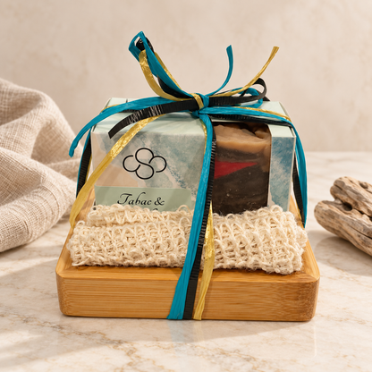 Gentleman's Escape Gift Set, artisan soaps, drawstring soap bag, and bamboo soap dish, created by Cottonwood Soap Company, Hilton Head Island, SC