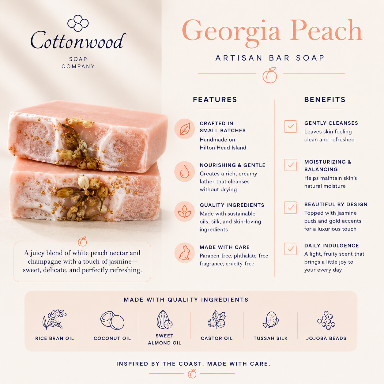Georgia Peach- peach scented soap, handmade by Cottonwood Soap Company, Hilton Head Island, SC
