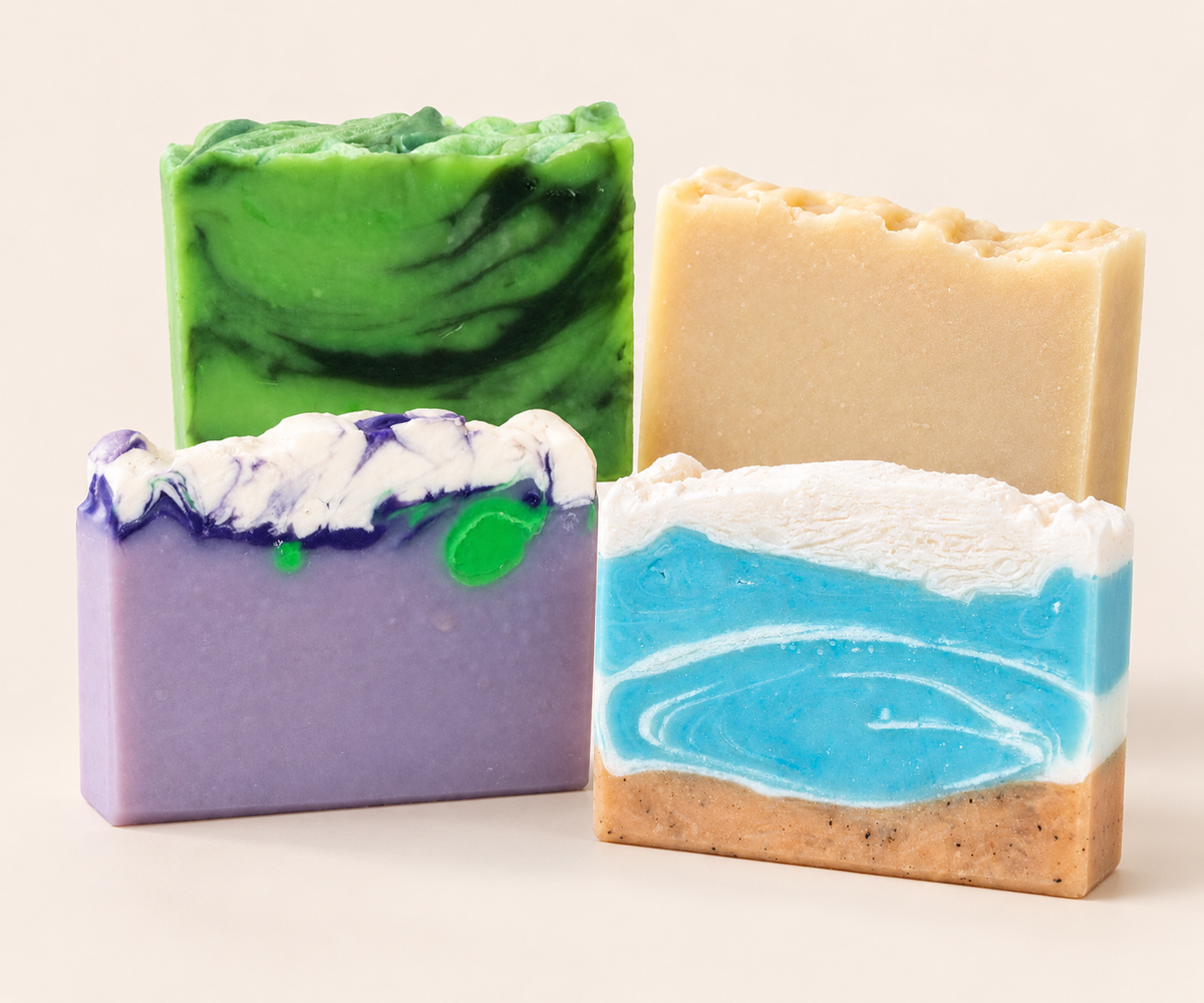 Colorful handcrafted artisan soap bars from Cottonwood Soap Company, featuring coastal-inspired scents available through the Subscribe & Save program.