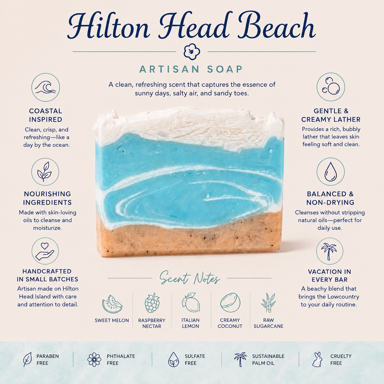 Hilton Head Beach Artisan Soap- tropical scented, coastal inspired, handmade by Cottonwood Soap Company, Hilton Head Island, SC.