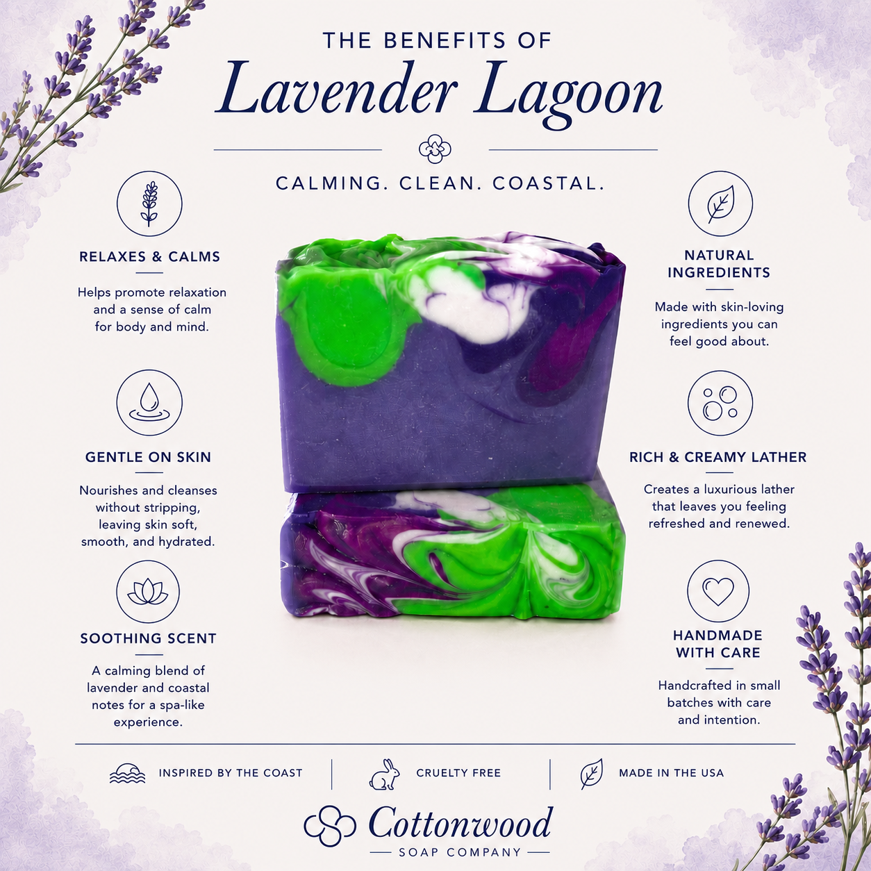 Lavender Lagoon- lavender scented soap handmade by Cottonwood Soap Company, Hilton Head Island, SC