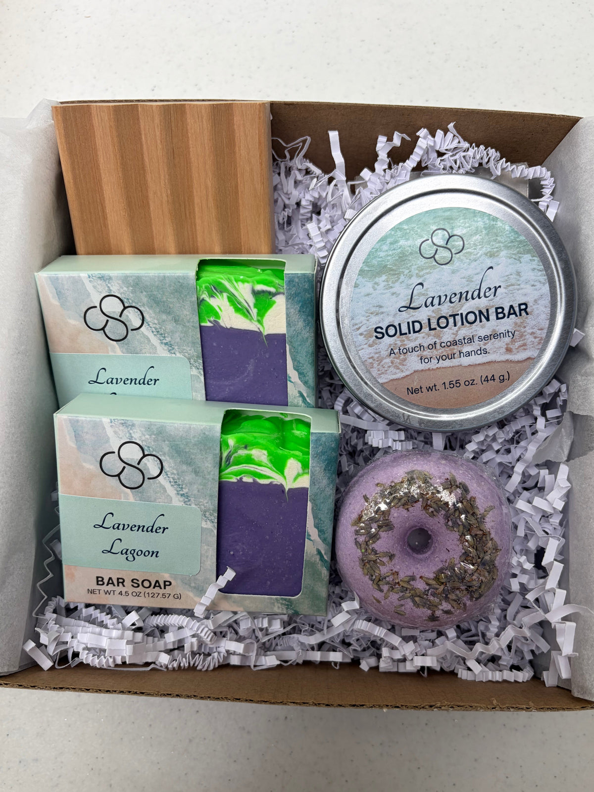 Gift box of lavender scented bath and body products handcrafted by Cottonwood Soap Company on Hilton Head Island, SC