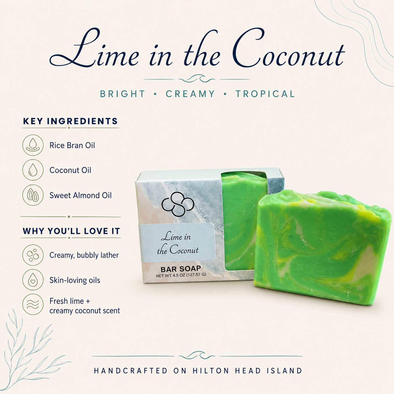 Lime in the Coconut, coconut lime verbena scented bar soap, handmade on Hilton Head Island, SC