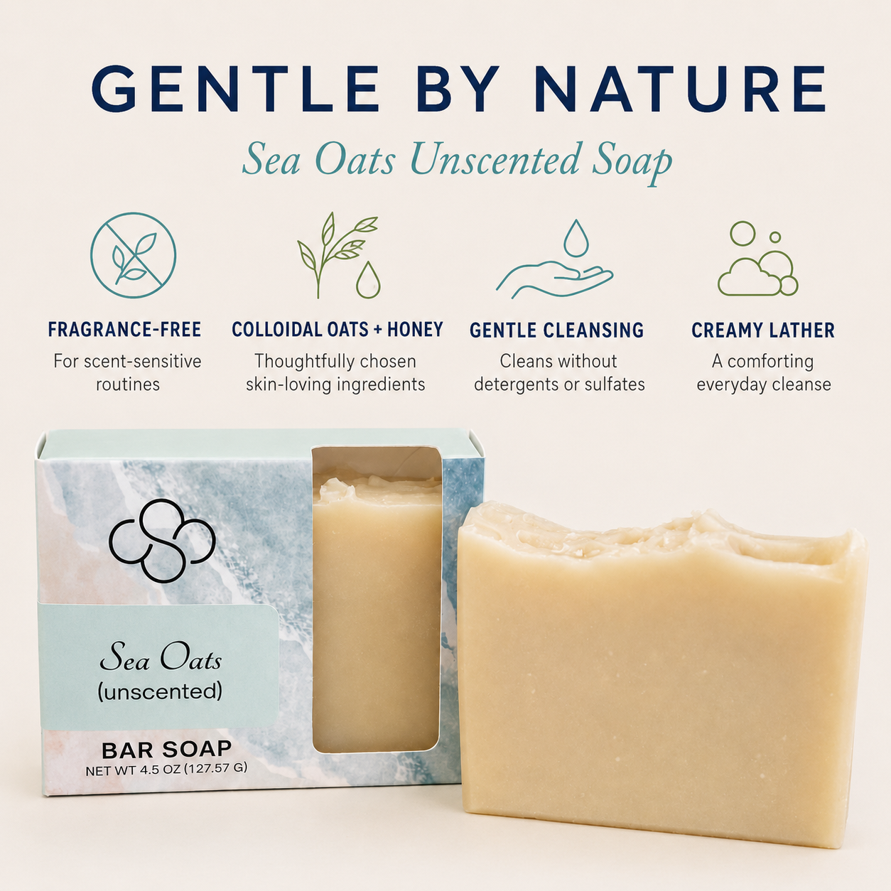 Sea Oats unscented bar soap, handcrafted by Cottonwood Soap Company on Hilton Head Island, SC