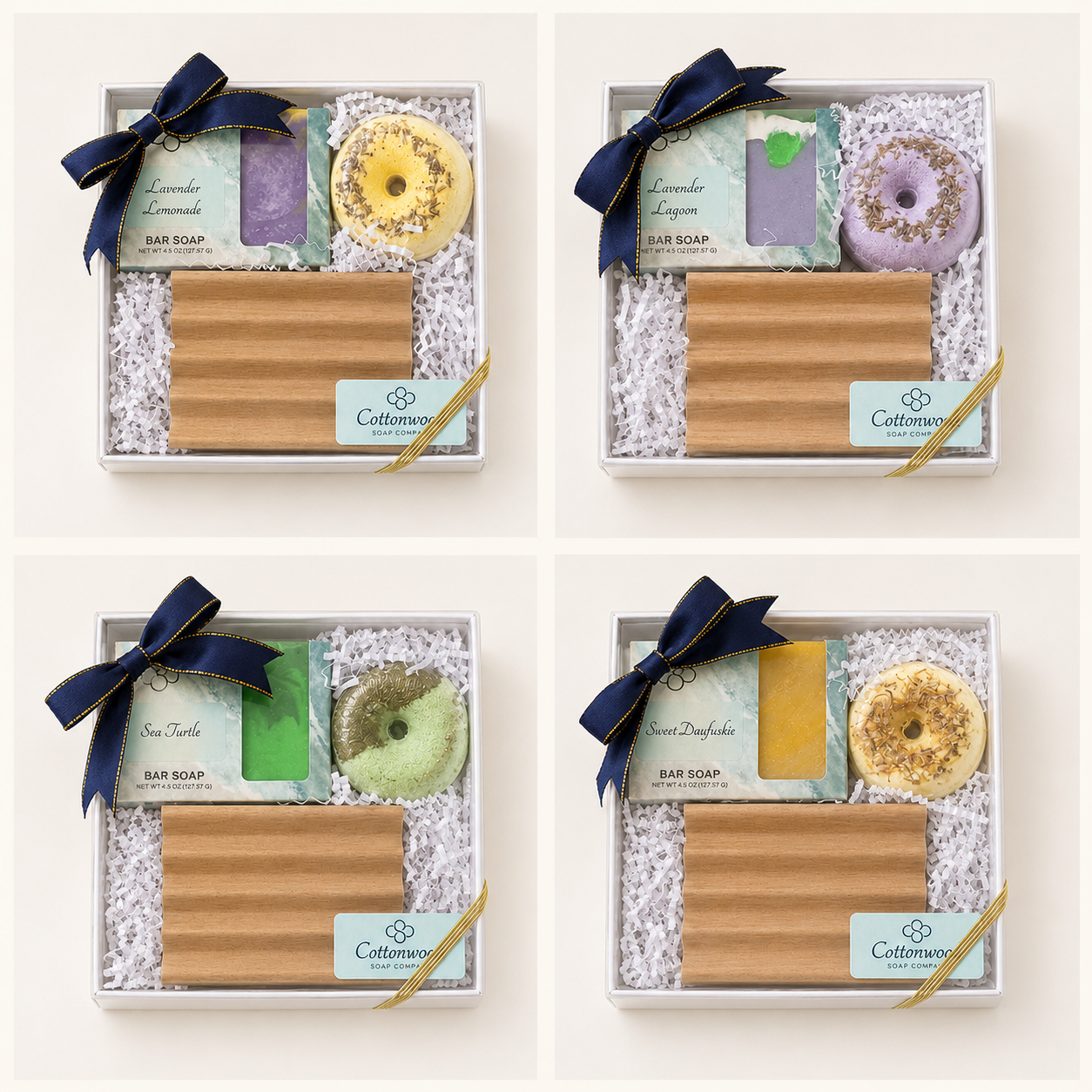 Four Soap & Soak Gift Set varieties from Cottonwood Soap Company, handmade on Hilton Head Island, SC