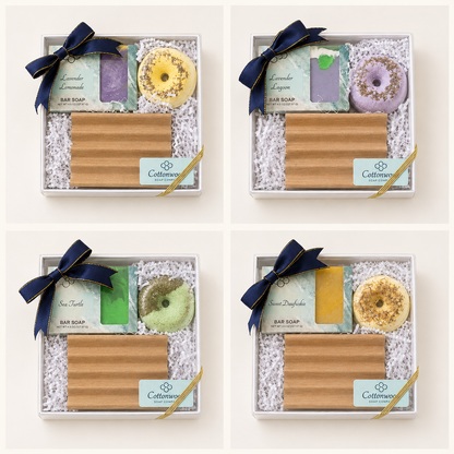 Four Soap & Soak Gift Set varieties from Cottonwood Soap Company, handmade on Hilton Head Island, SC