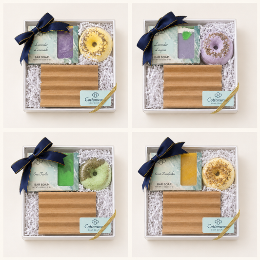 Four Soap & Soak Gift Set varieties from Cottonwood Soap Company, handmade on Hilton Head Island, SC