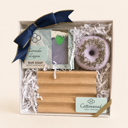 Cottonwood Soap, Hilton Head Island, SC | Lavender Lagoon  Soap & Soak Gift Set with lavender  artisan soap bath bomb, and wooden soap dish.