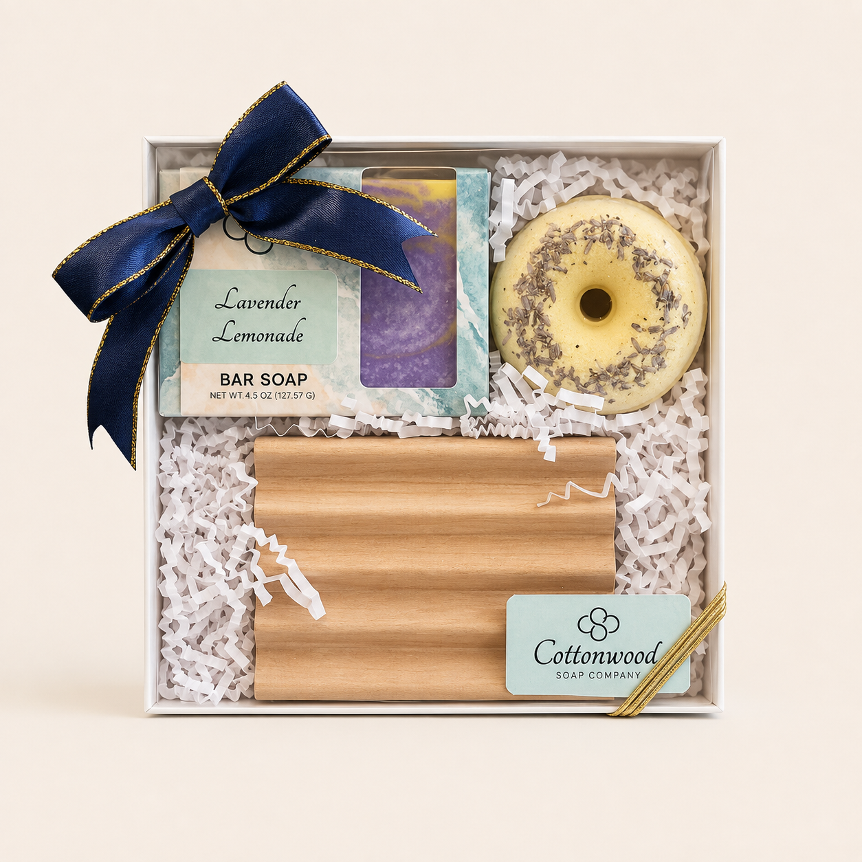 Cottonwood Soap, Hilton Head Island, SC | Lavender Lemonade Soap & Soak Gift Set with lemon lavender  artisan soap bath bomb, and wooden soap dish.