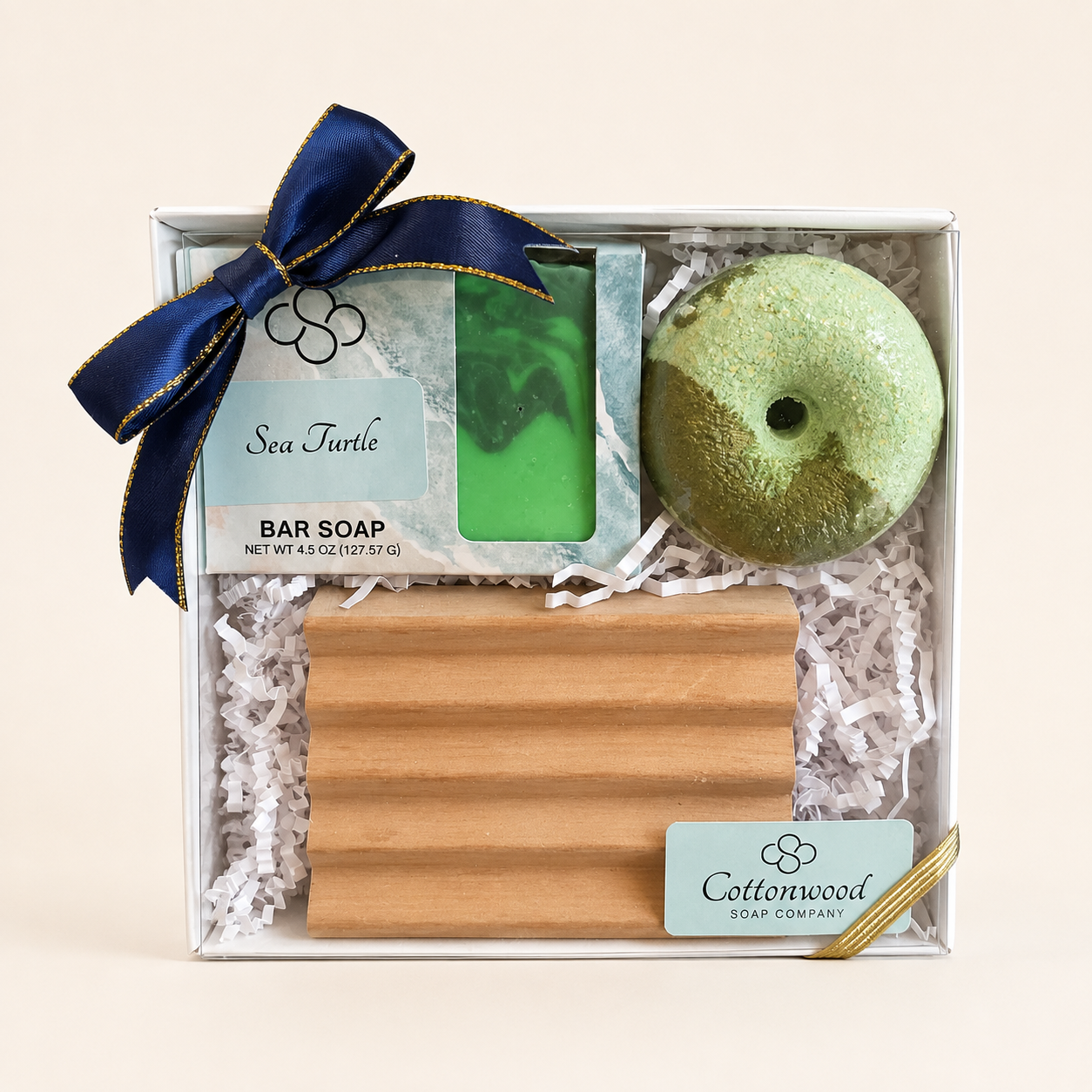 Cottonwood Soap, Hilton Head Island, SC | Sea Turtle Soap & Soak Gift Set with cucumber, basil & mint artisan soap bath bomb, and wooden soap dish.