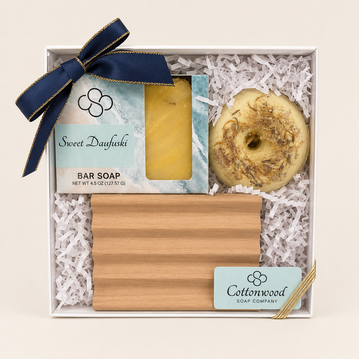 Cottonwood Soap, Hilton Head Island, SC | Sweet Daufuski Soap & Soak Gift Set with honeysuckle artisan soap bath bomb, and wooden soap dish.
