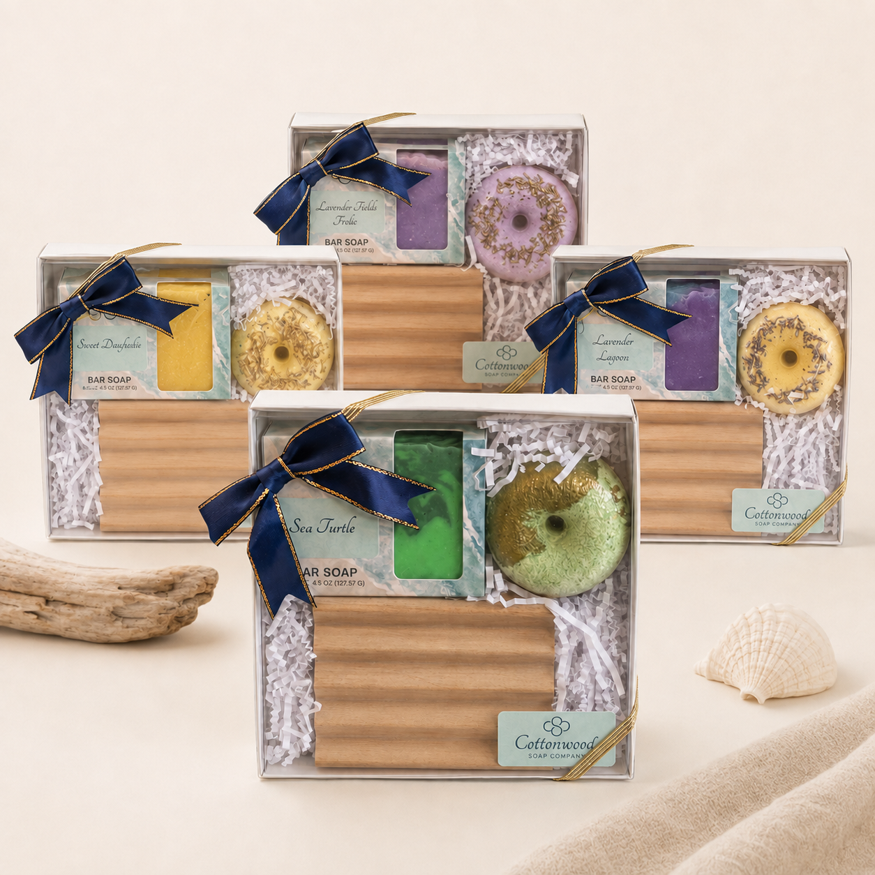 Cottonwood Soap & Soak Gift Sets with artisan soap, coordinating bath bomb and wooden soap dish, handmade on Hilton Head Island, SC