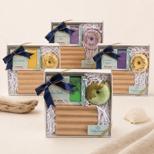 Cottonwood Soap & Soak Gift Sets with artisan soap, coordinating bath bomb and wooden soap dish, handmade on Hilton Head Island, SC