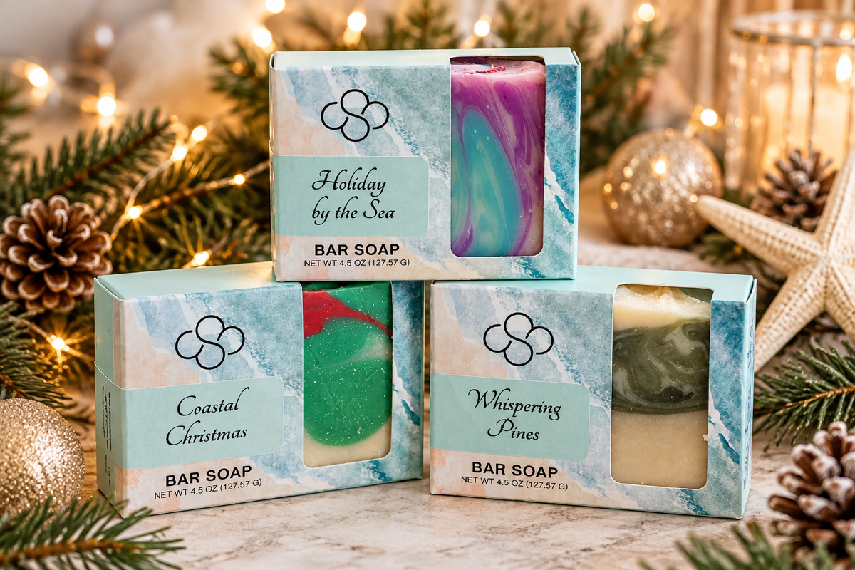 Three holiday soaps handcrafted by Cottonwood Soap Company on Hilton Head Island, SC